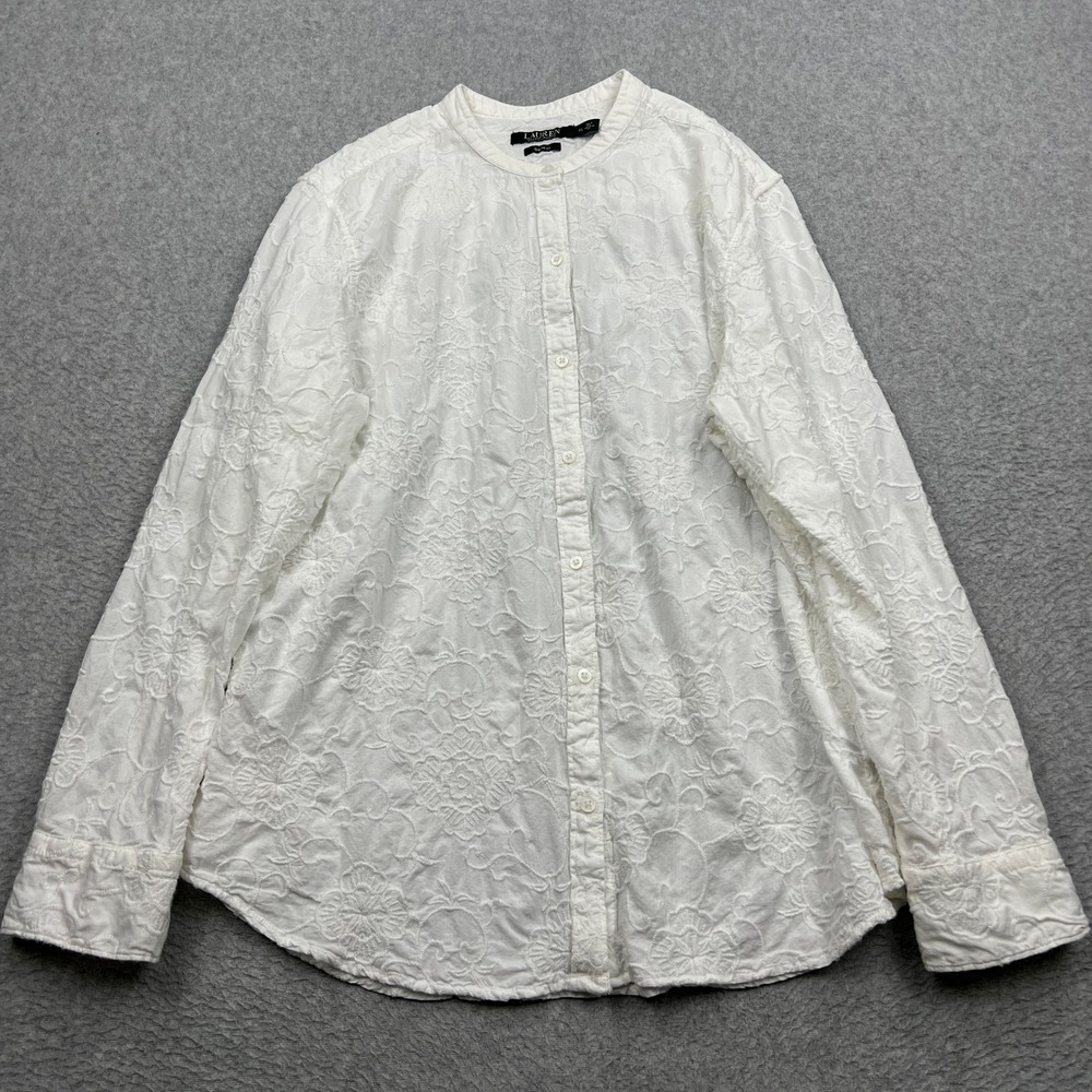 Ralph Lauren Shirt Women's XL White Floral Eyelet Mandarin Collar Boho Button Up